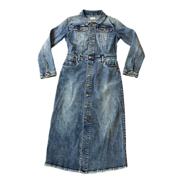 Wash Lab Jean Dress Blue Denim 47" L Maxi Midi Dress Button Front Pockets Small - Picture 1 of 14